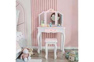 JOYMOR Kids Princess Vanity Table and Chair Set, Kids Vanity Set with Mirror, Makeup Dressing Table with Two 180° Folding Mirror for Girls Age 4-9