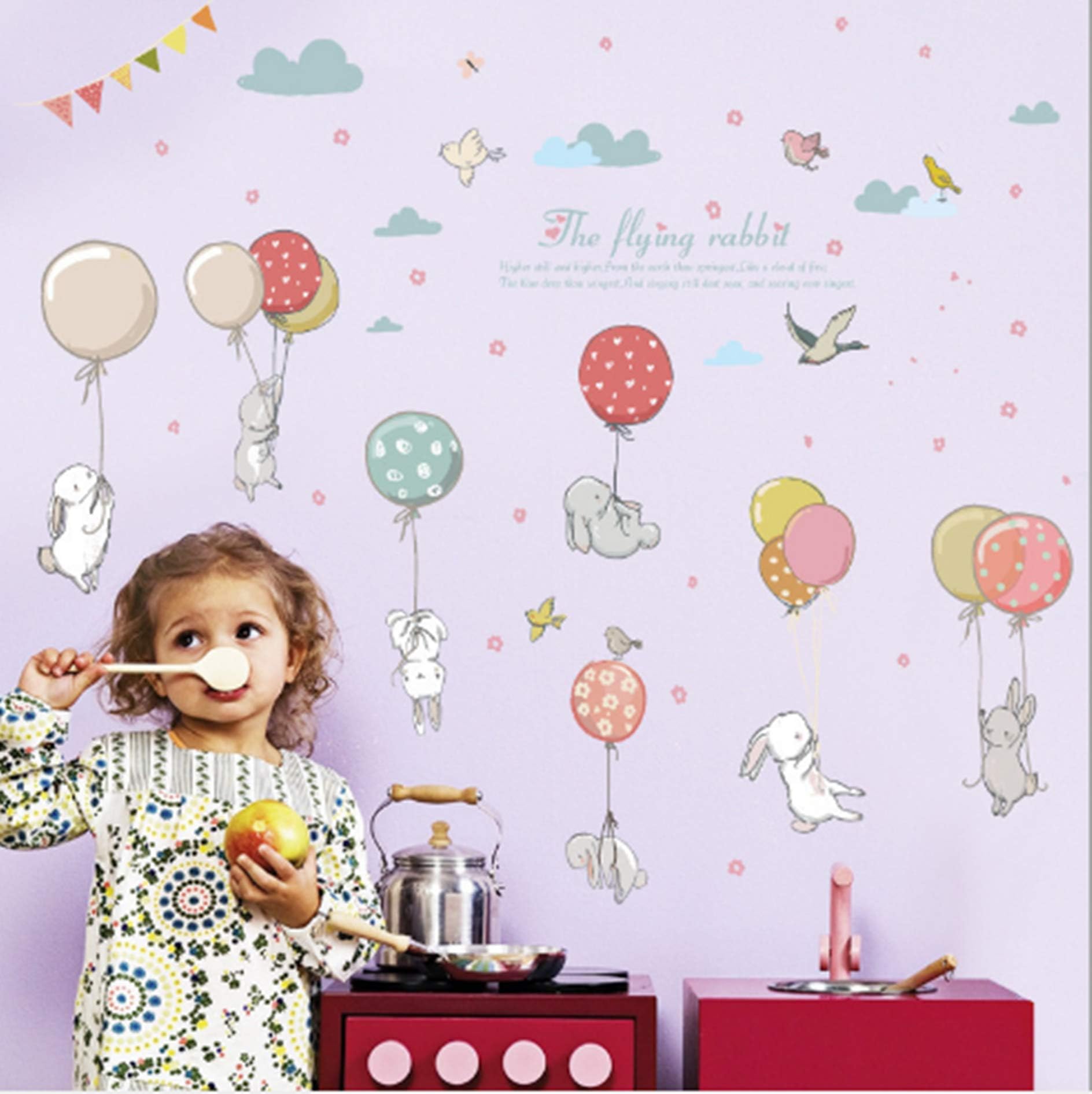 Colourful Children's Cartoon Fantasy Hot Air Balloon Cute Rabbit Wall Decals Stickers Kids Colorful Cartoon Removable Wall Stickers for Kids Nursery Bedroom Living Room