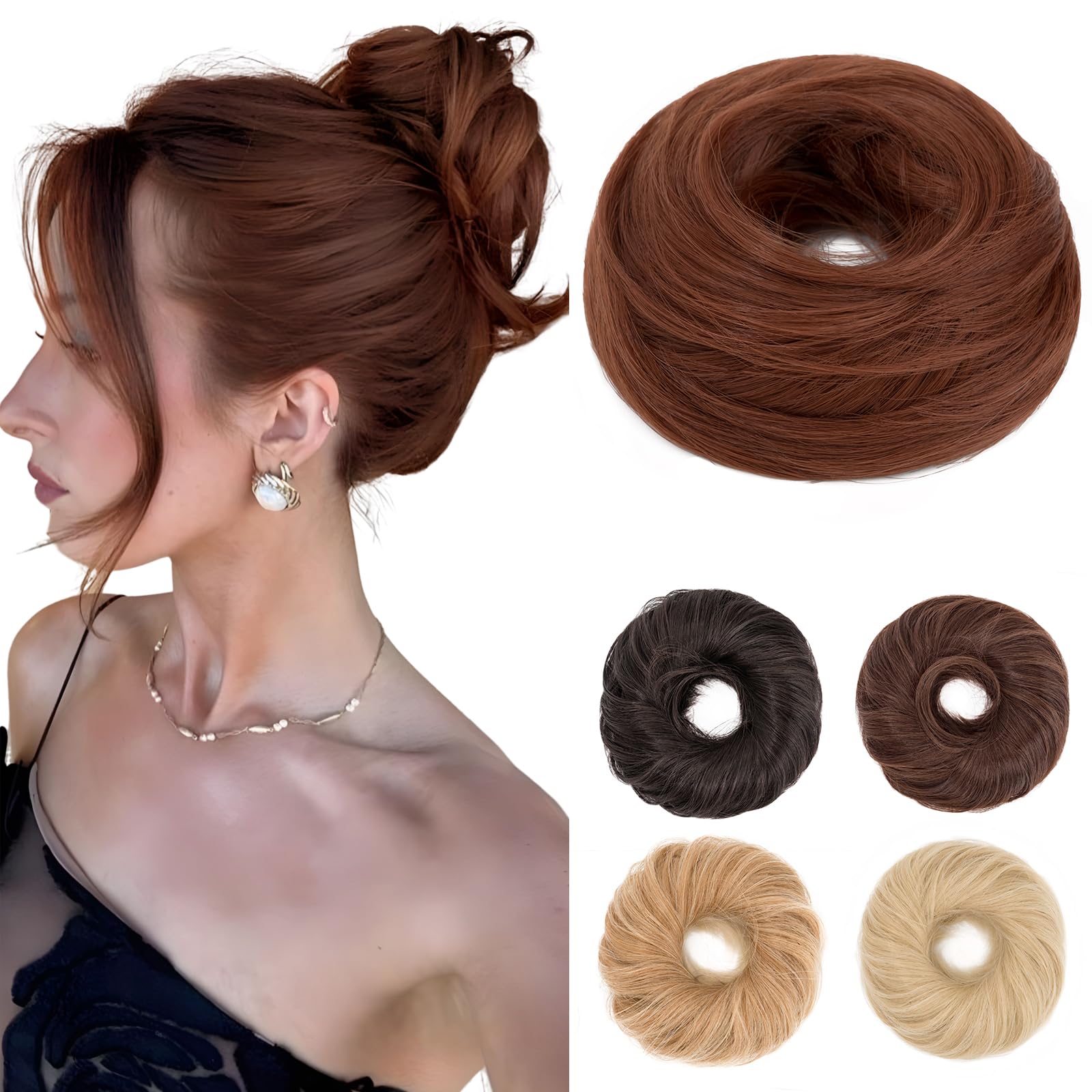 Benehair Messy Bun Hair Scrunchies Curly Hair Buns Hairpiece Synthetic Ponytail Bun Extensions Brown mix Highlight Hair Pieces for Women (Brown mix Highlight, 55g)