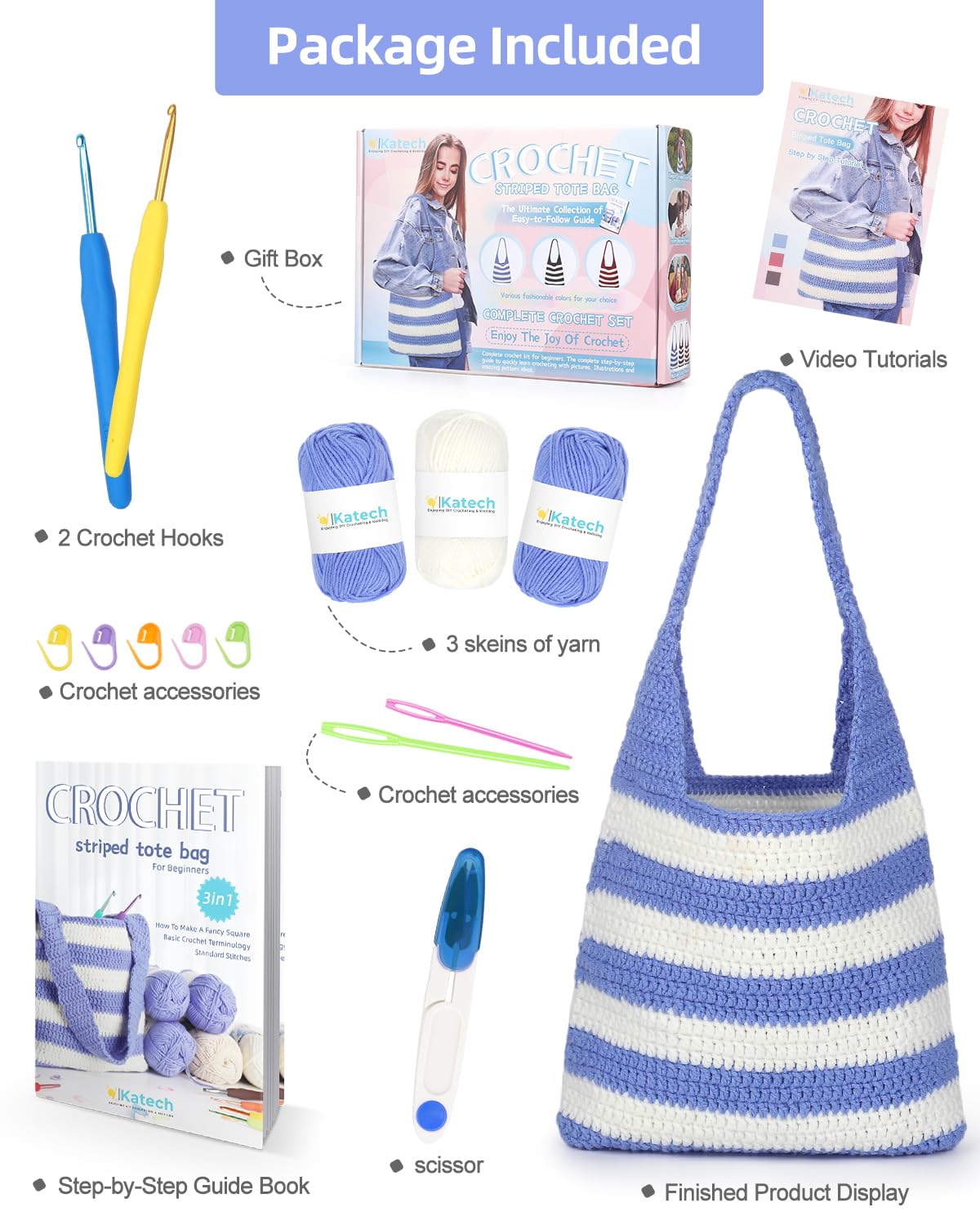 Katech Crochet Kit for Beginners - Striped Tote Bag Set Includes Yarn, Hooks, Step-by-Step Guide, Needles & Accessories - Adults & Kids Crochet Starter Gift