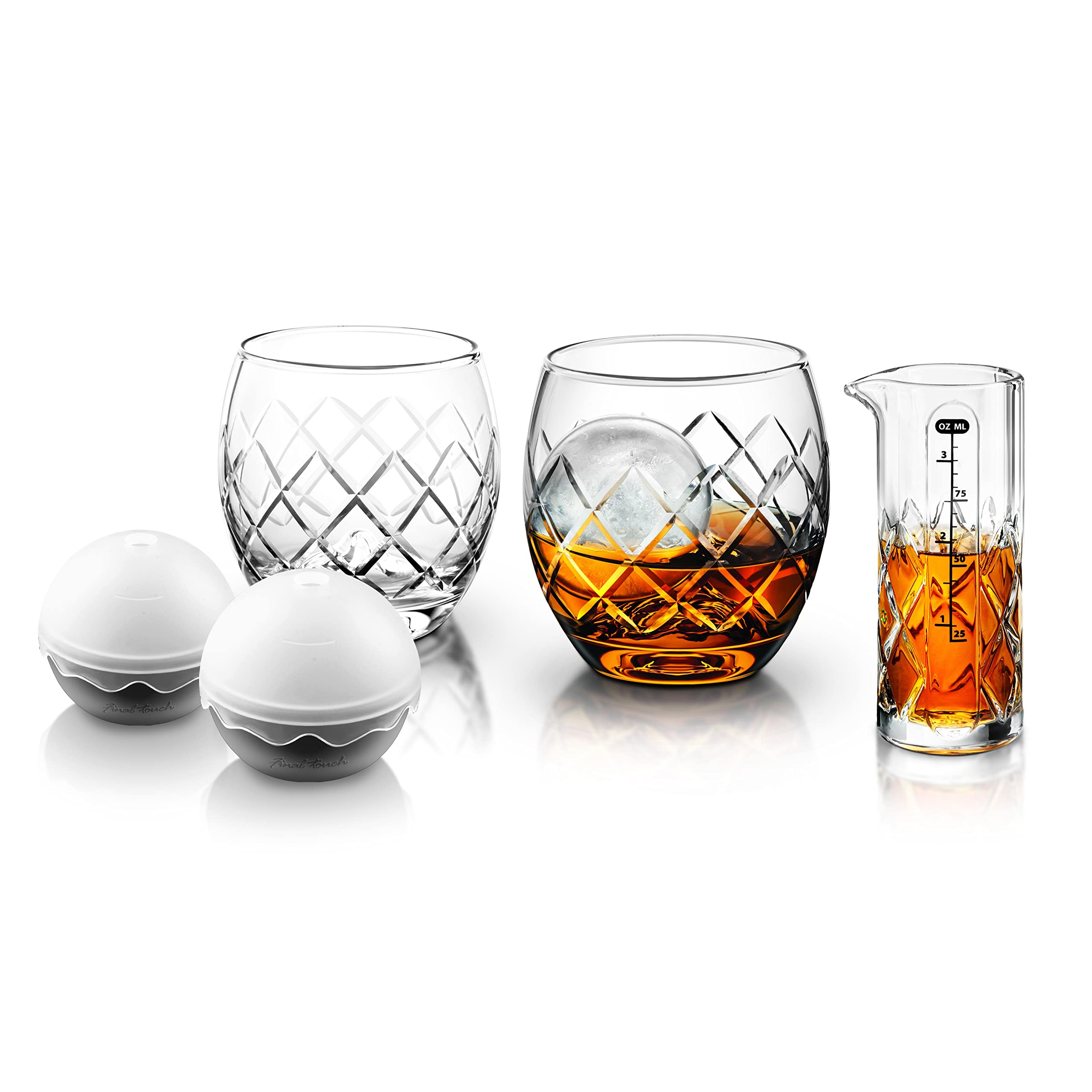 Final Touch Yarai on The Rock Hand-Etched Whisky 2 x Glass 236ml & 2 x Silicone Ice Mould & Glass Measuring Jigger - Ideal for Whiskey, Scotch, Bourbon On The Rocks - 5 Piece Set