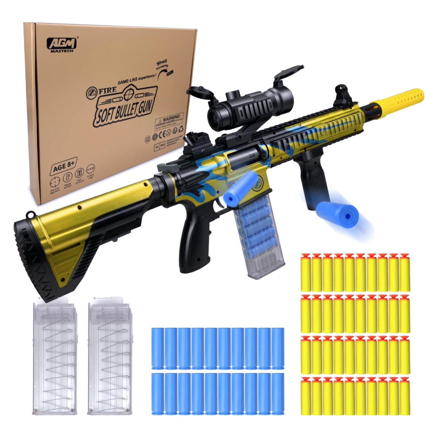 Shell Throwing Blaster Shotgun - Toy Guns with 40 Official Darts, 8 Dart Clips - Removable Stock, 4 Assembly Methods, Blaster Toy Playset for Boys and Adults (Gold)