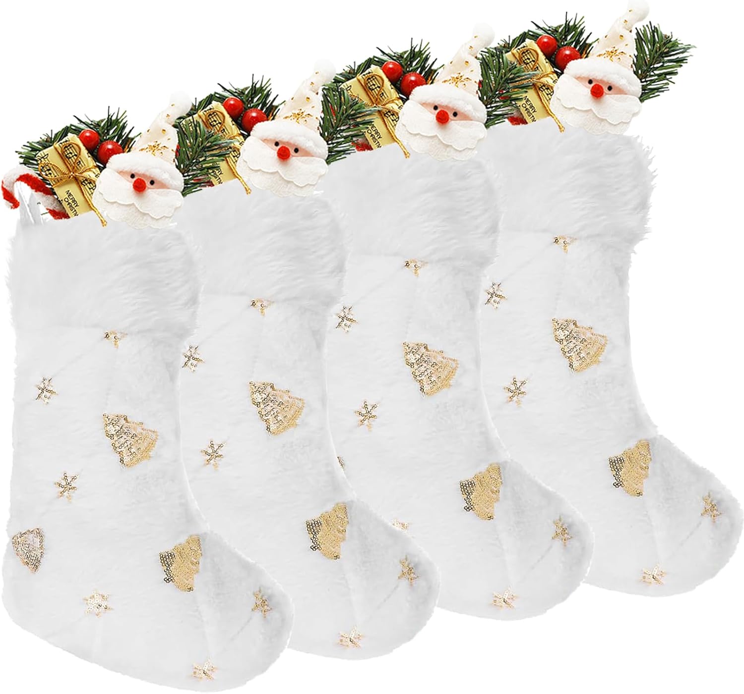 Stockings & Holders - DIYASY 4PCS White Christmas Stockings,18 Inch Large Plush Faux Fur Xmas Stocking with Golden Christmas Tree Sequin Glitter Hanging Stocking for Christmas Tree Wall Fireplace Home Decoration