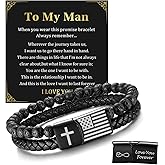 MEALGUET Men's Bracelets Gifts for Men - 2 Layered Lava Rock Beads Braided Leather Bracelets Cross & American Flag Engraved Love Massage for Son Man Husband Boyfriend, Jewelry Gift