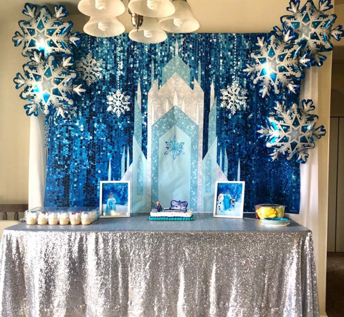 Allenjoy 7x5ft Ice Castle Backdrop Winter Snowflake Blue Sequin Curtain (No Glitter) Photography Background Girl Birthday Baby Shower Party Supplies Decoration Cake Table Banner Photo Booth Prop : Camera & Photo