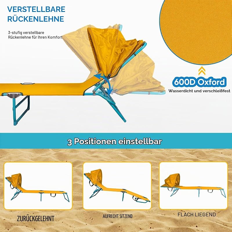 2 Pack Outdoor-Lounge-Stuhl, Sonnenstuhl mit Sonnenschirm Dach, verstellbare Rückenlehne Folding Chaise Lounge, Liege Strand Bett für Strand, Camping, Wandern -Gelb