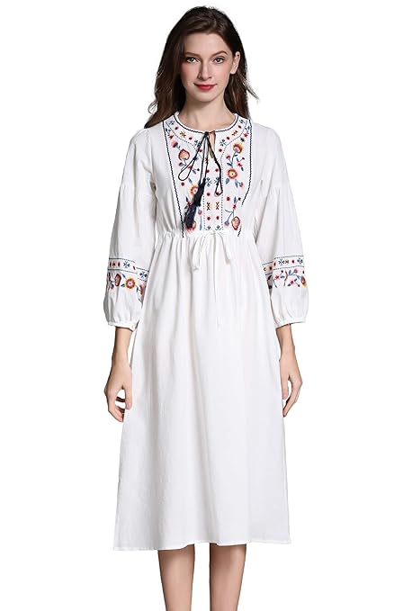 Damen Frauen Vintage Sommerkleider Kleid Mexikanischen Ethnischen Bestickt Minikleid Blume Stickerei Kleid