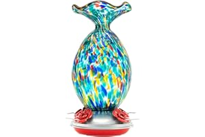 LaElvish Garden Hummingbird Feeder, 32OZ Hand Blown Glass Hummingbird Feeders for Outdoors Hanging, Built-in Ant Moat Wild Humming Bird Feeders, Yard Garden Gifts Decor (Merry)