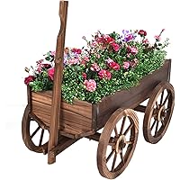 Giantex Wood Wagon Flower Planter Pot Stand W/Wheels Home Garden Outdoor Decor