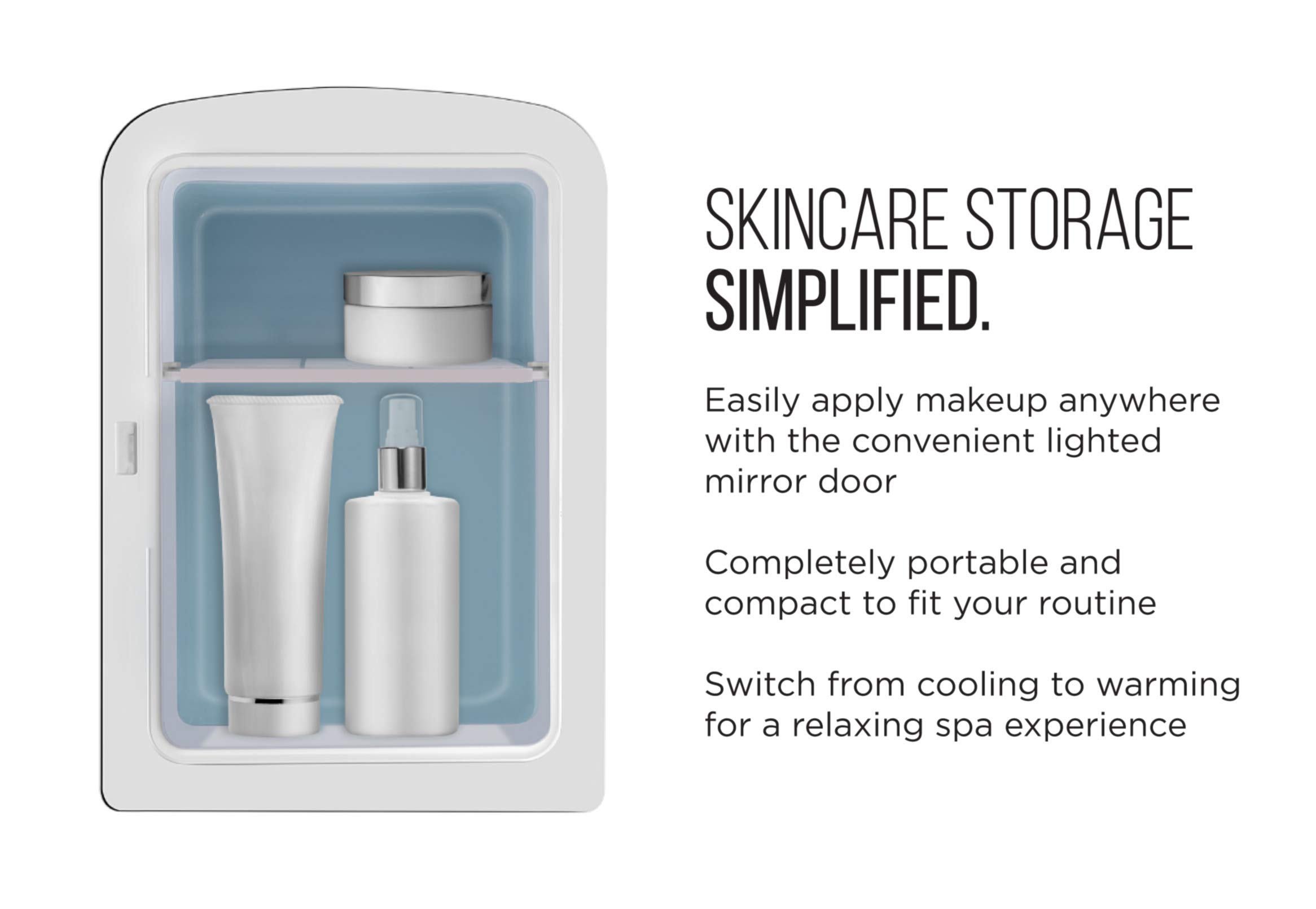 Chefman - Iceman Portable Mirrored Beauty Fridge With LED Lighting 4L Mini Refrigerator, Skin Care, Makeup Storage, w/Mirror & Light, Chill Serums And Face Masks, For Desktop Or Travel, Cool & Heat