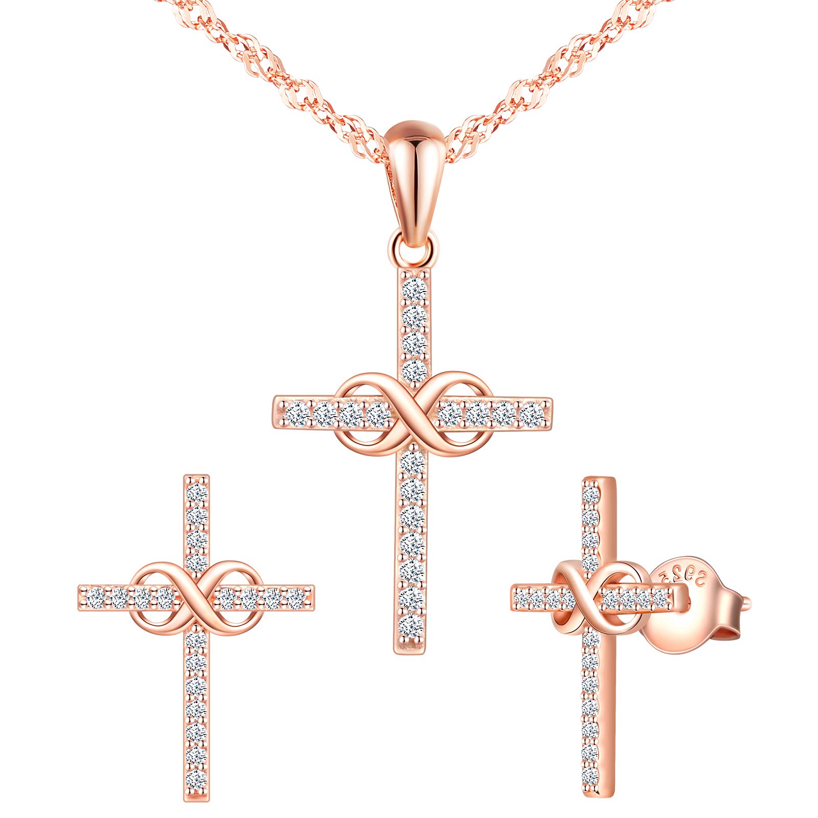 Yumilok Christian Jewelry Set 925 Sterling Silver Infinity Cross Stud Earrings Necklace Set