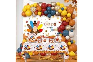 AIBIIN 295 Pcs Turkey Thanksgiving Decorations Autumn Disposable Dinnerware Decorations Includes Plates, Cup, Napkin, Tablecloth, Give thanks Themed Balloons Disposable Tableware Serve 24 Guests