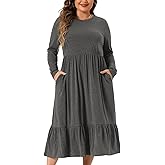 Agnes Orinda Plus Size Dress for Women 2025 Fall Long Sleeve Casual Loose Pleated Tiered Swing Midi Dresses with Pockets