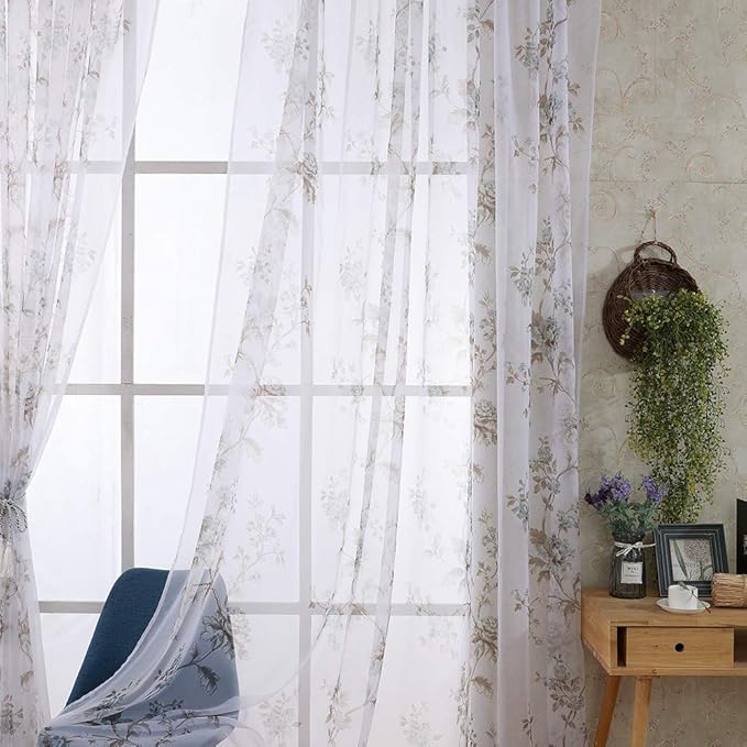 Syeytx 2 STÜCKE Holz Hibiskus tragen vorhangSheer Vorhang Tüll Fenster Behandlung Voile Drapieren ValancePanel Stoff