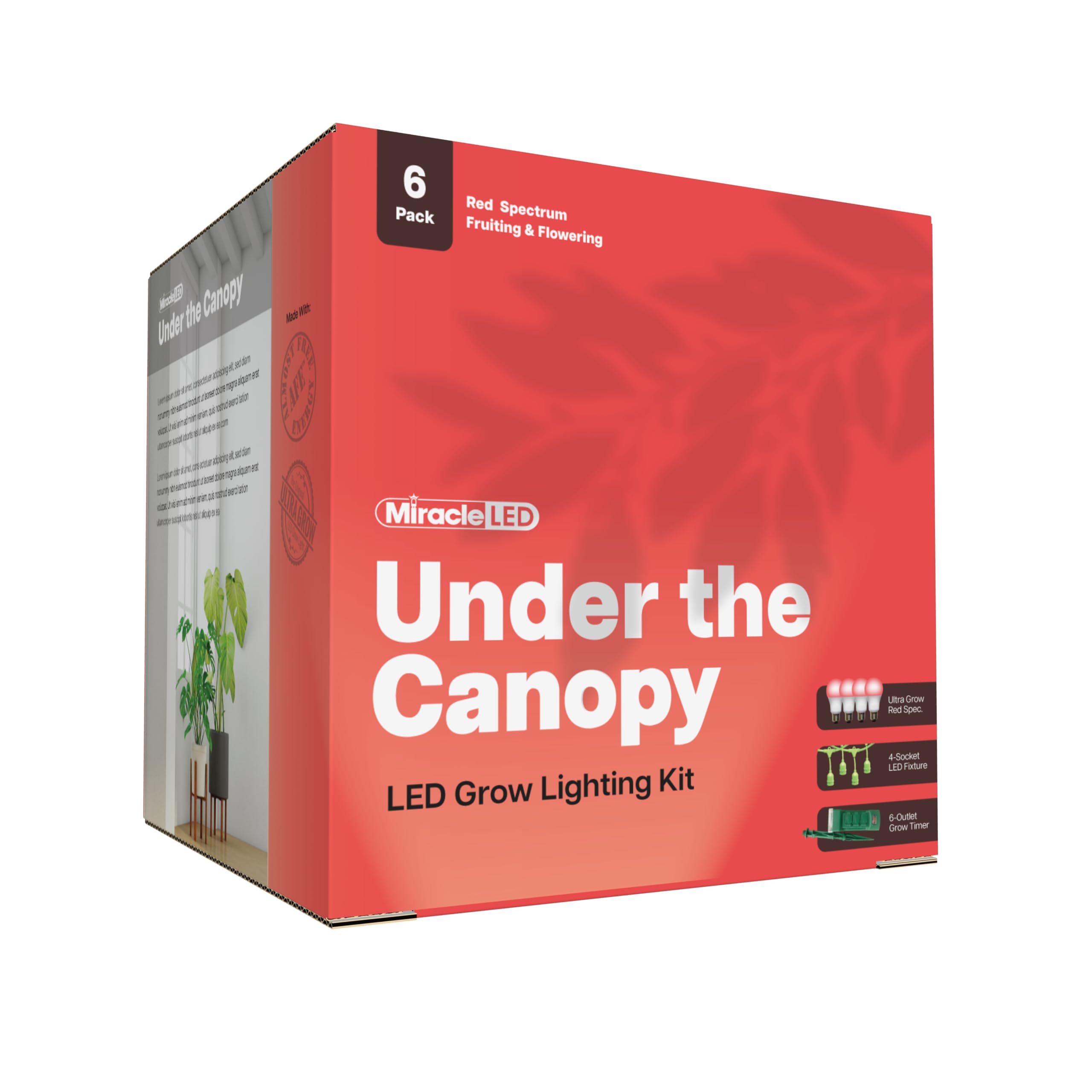 Photo 1 of Miracle LED Under The Canopy Indoor Grow Light Kit - Double Plant Yield - Ultra Grow Red Spectrum 150W Replacement Grow Bulbs & 4-Socket Corded Fixture with SproutMatic Timer (6-Pack)