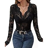 METWAY Women's Lace Long Sleeve Top Sheer Mesh Undershirt Blouse Sexy Floral See Through V Neck Lace Layering Tee Shirt