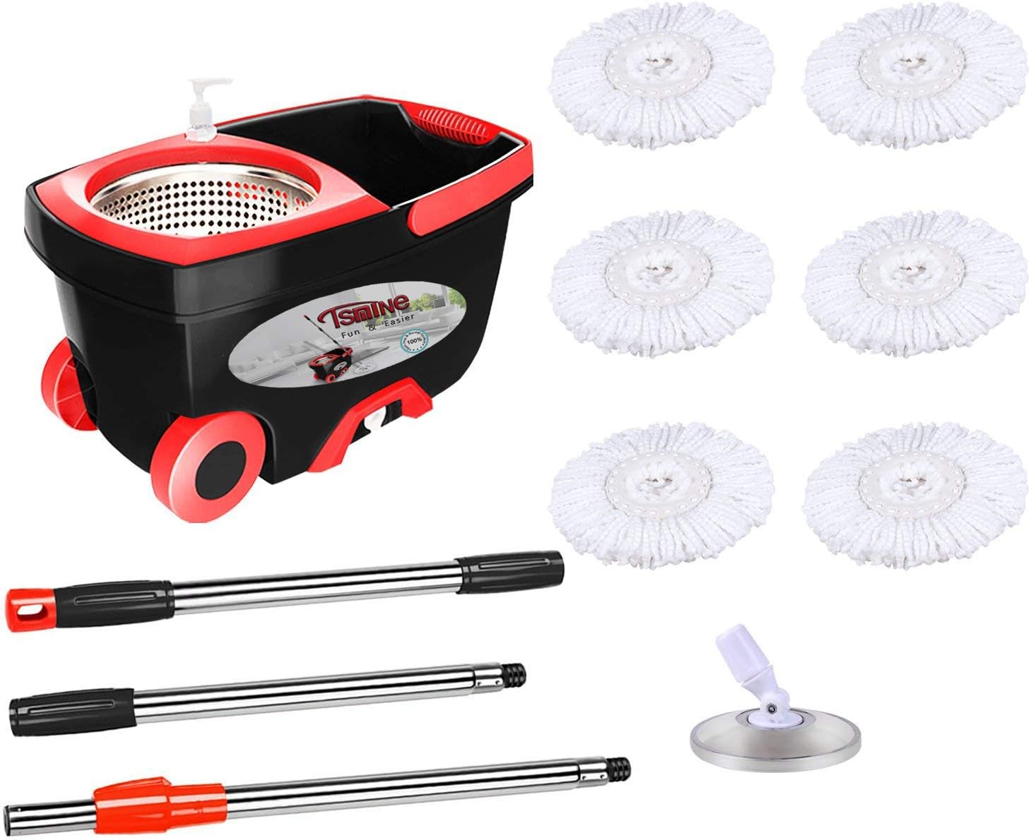 Tsmine Spin Mop & Bucket Floor Cleaning System, Household Cleaning Supplies Stainless Steel Mop Bucket with Wringer on Wheels - 6 Mop Heads 61" Handle, Mop with Bucket for Home Commercial Cleaning: Kitchen & Dining