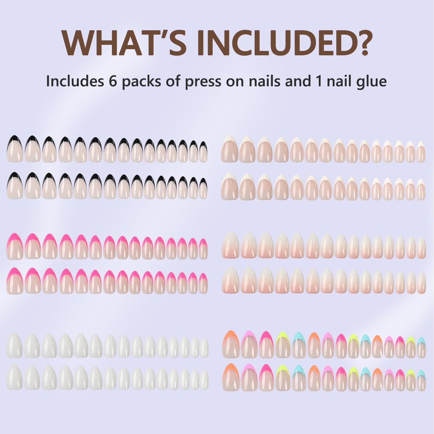 6 Packs Press On Nails Almond, Misssix French Tip Press On Nails Short, Reusable Glue On Nails, Gel Fake Nails for Women, Stick On Nails Kit 15 Sizes-6 styles in total - Image 2