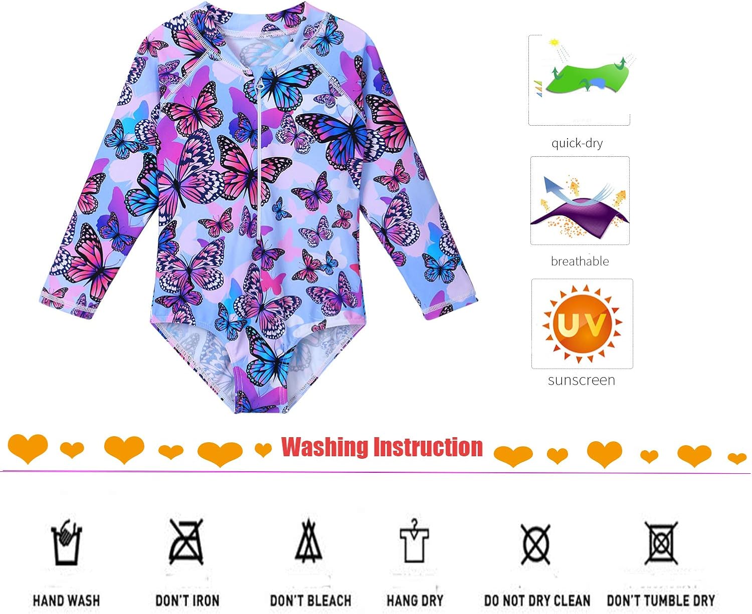 ZNYUNE Girls One Piece Rashguard Swimwear Long Sleeve Swim Suit with Zipper UPF 50 Sun Protection