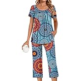 POPYOUNG Womens Pajama Sets Summer Ladies Pjs 2 Piece Loungewear Capri with Pockets Sleepwear