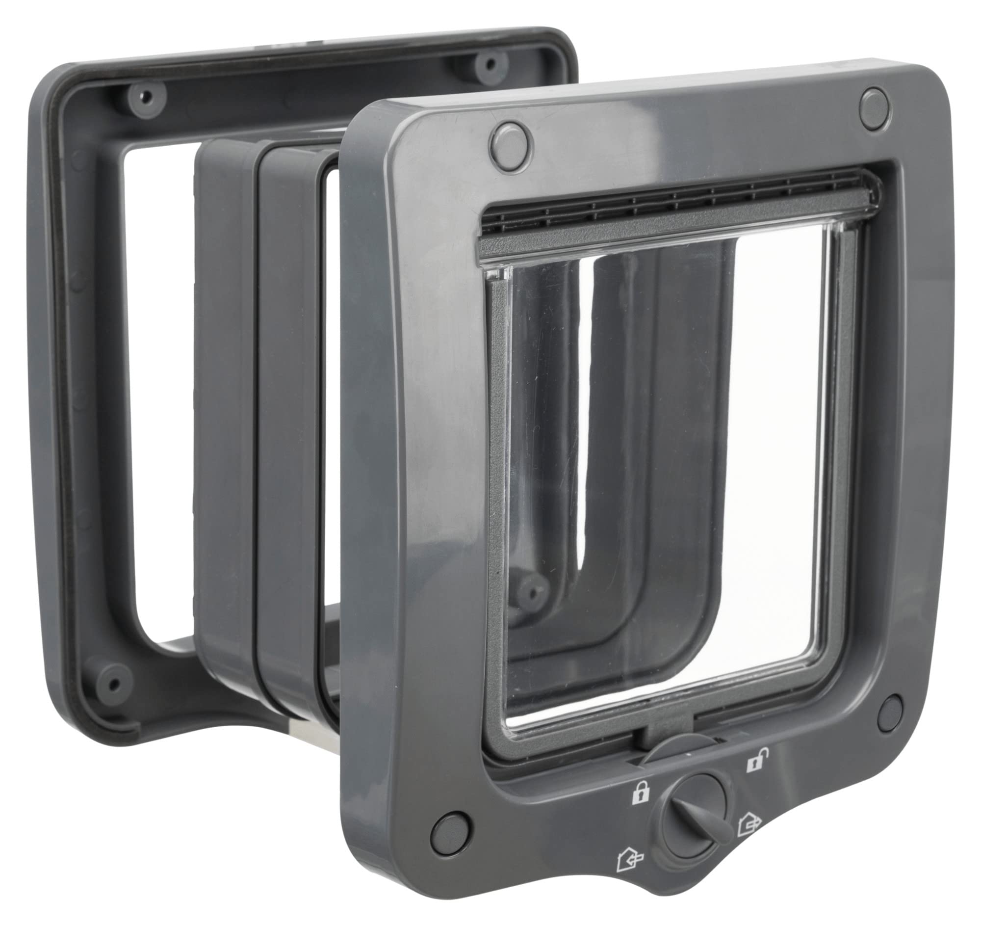 TRIXIE waterproof and quiet cat flap ‘4-way free-range door with tunnel’ - Overall dimensions: 20 × 22 cm - Flap size: 14 × 15.5 cm - Grey - 44232