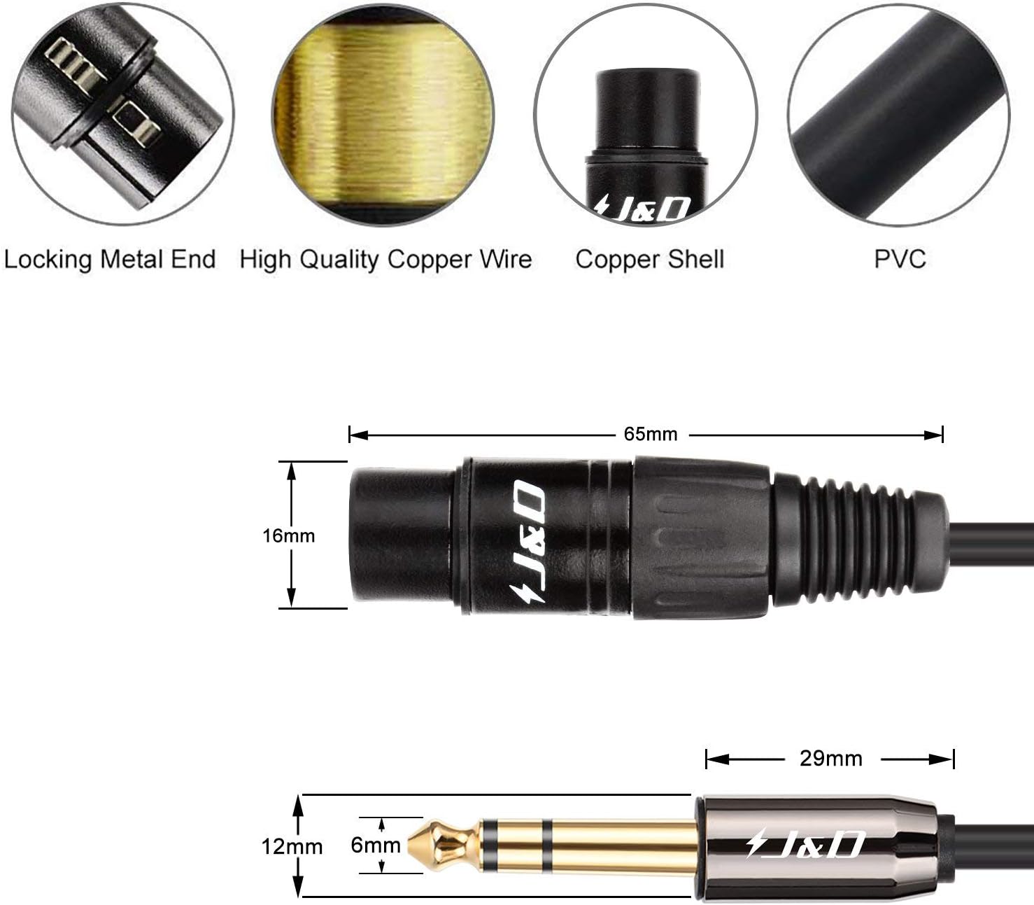 J&D XLR Female to 1/4 Inch 6.35mm TRS Stereo Jack Cable - Image 3