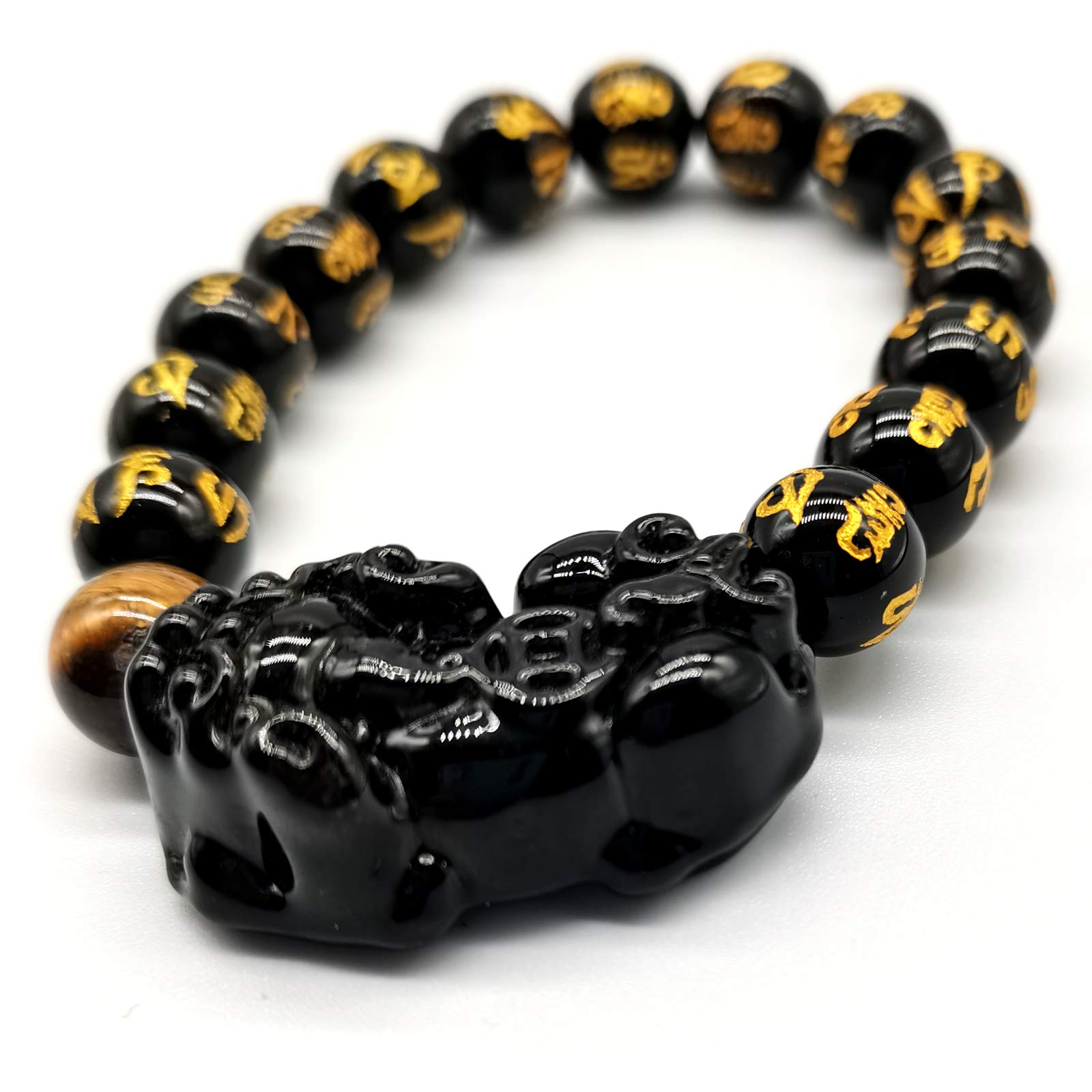 MANRUO Feng Shui The Best 10mm Black Hand Carved Mantra Bead Bracelet with Obsidian Pi Xiu/Pi Yao Lucky Wealthy Amulet Brecelet with Tiger's Eye/Black Stone