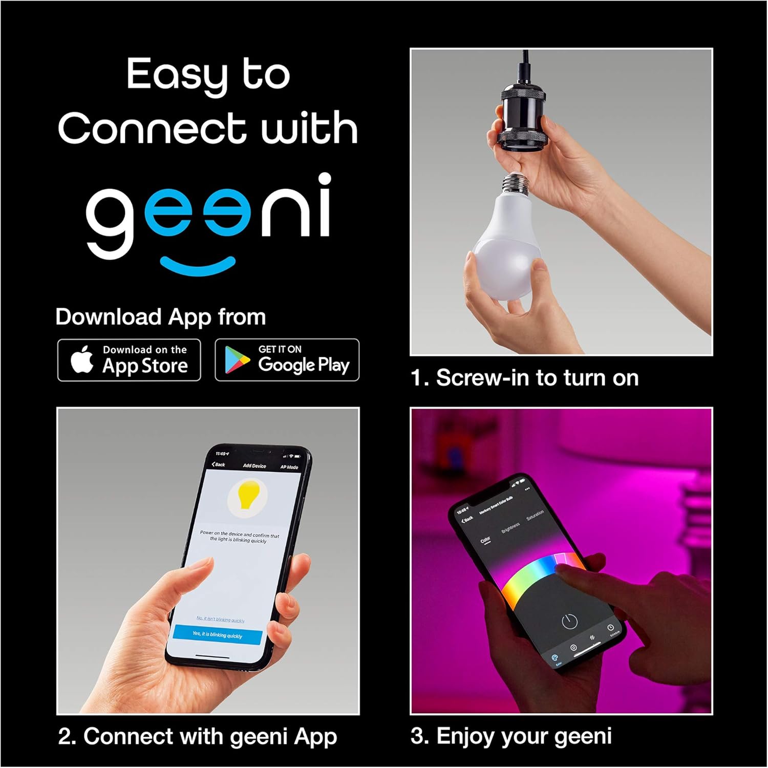 Geeni Prisma 1050 Wi-Fi Multicolor Light Bulbs (2700K), 4-Pack – Dimmable LED Bulbs, 75-Watt Equivalent – No Hub Required – Works with  Alexa, Google Assistant, Microsoft Cortana - - 