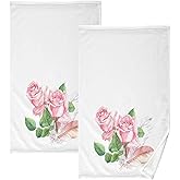 Bolaz Pink Rose Hand Towels 2PCS Soft Cotton Towel Absorbent Bathroom Towel Set 16 x 28 Inches