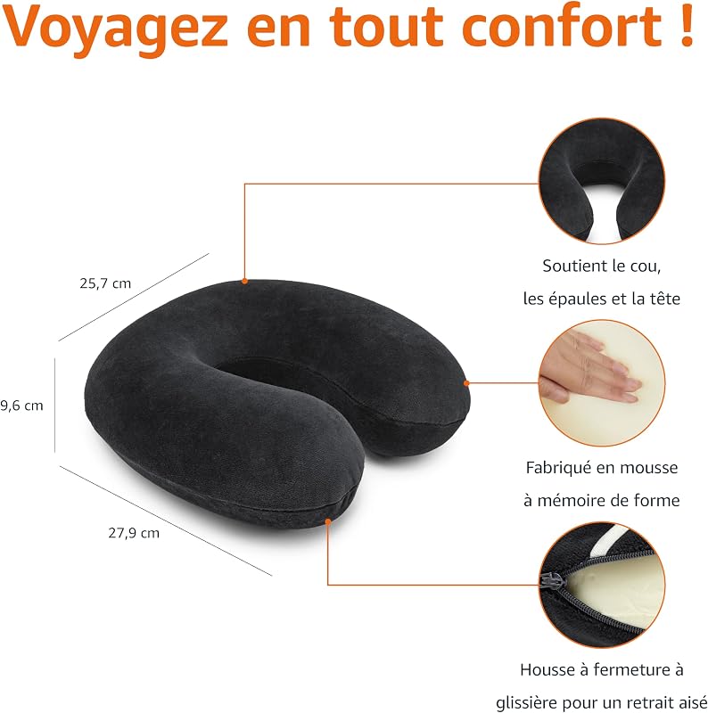 Semi-circulaire Coussin tour de cou en mousse à mémoire de forme, Noir