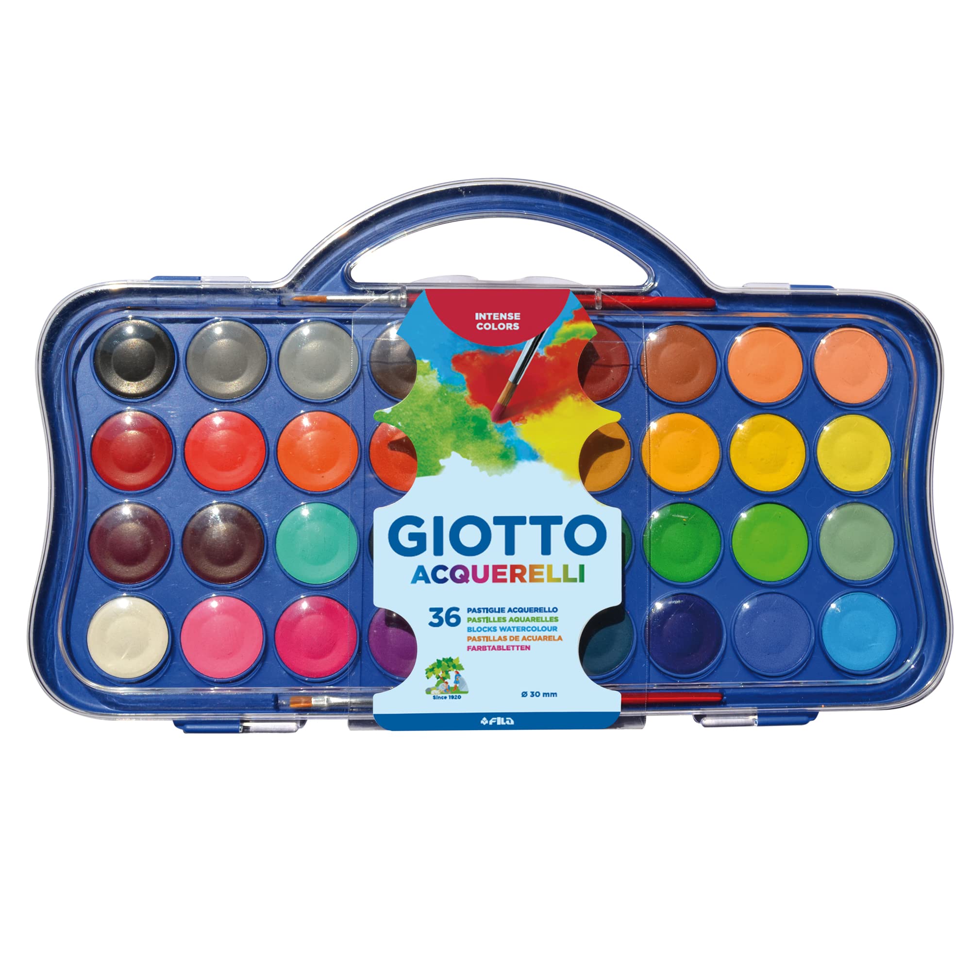 Giotto Watercolour Tablets + 1 Brush 30 mm, 36 Assorted Colours