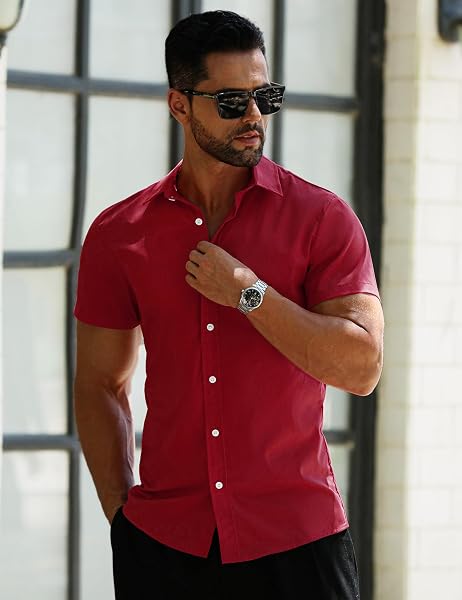 LETSEE MEN’S BUSINESS DRESS SHIRTS WRINKLE FREE SHORT SLEEVE CASUAL BUTTON DOWN SHIRT, WINE RED, 3X-LARGE