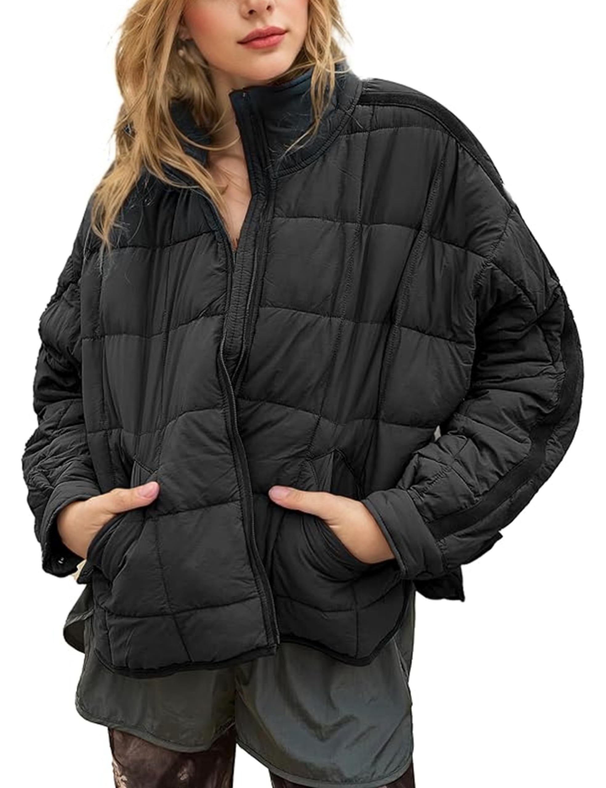 Photo 1 of (see all images) Omoone Women's Quilted Puffer Jacket Zip Up Oversized Lightweight Padded Down Coat Outerwear(3877-Black-M)