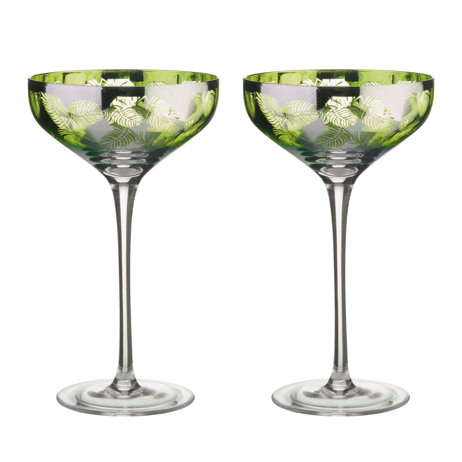 Artland Tropical Leaves Champagne Saucer Set of 2, Glass, Green, 350ml Capacity, Champagne Glass