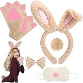 ZhouBoat Bunny Costume Set Tan Brown 5 PC Easter Bunny Ears Nose Tail Bow Tie Gloves Cosplay Party Accessories Adults Women