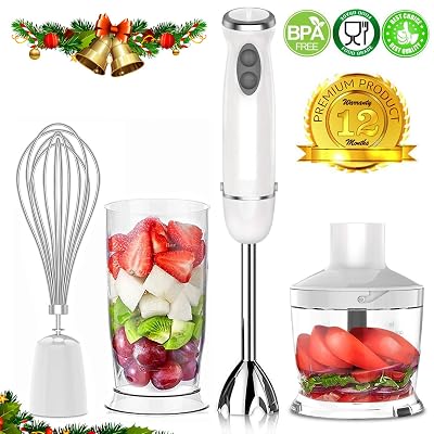 XProject HB-2028 Immersion Powerful 4-in-1 Stainless Hand Blender Stick, Processor, Whisk and Beaker Smoothies Baby Food Yogurt Sauces Soups, White