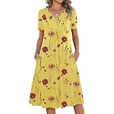 Zeagoo Women Summer Dresses Casual Short Sleeve Midi Dress with Pockets Floral A Line V Neck Beach Vacation T Shirt Sundress