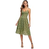 Atnlewhi Womens Spaghetti Strap V Neck Sleeveless Evening A Line Dresses Cocktail Formal Wedding Guest Lace Dress