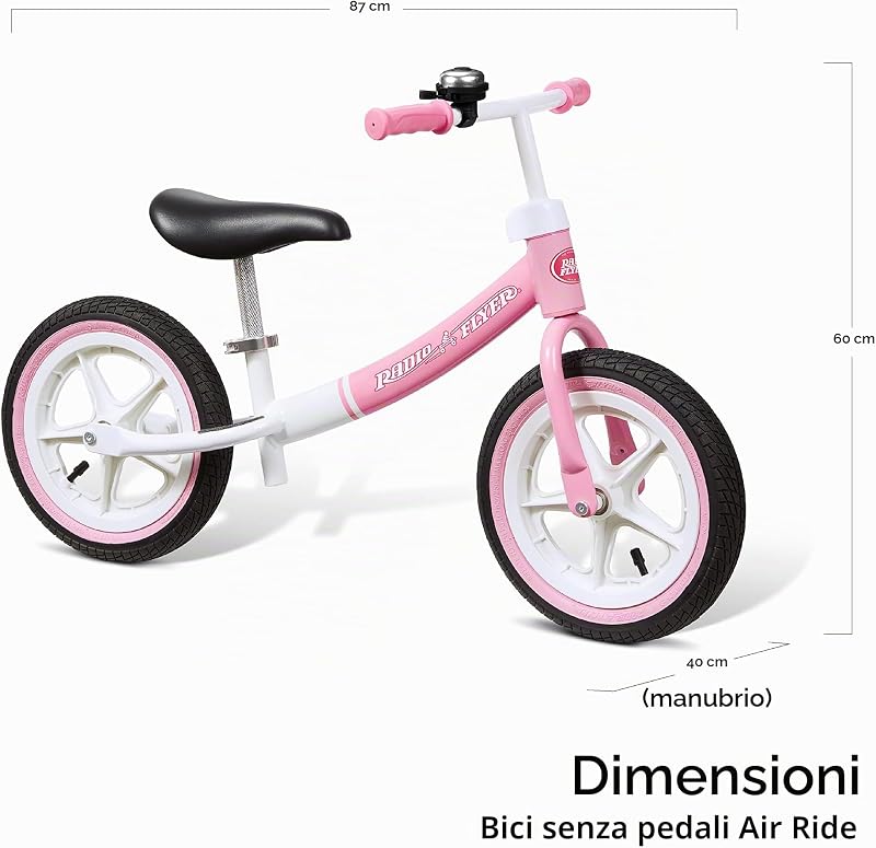 Air Ride Balance Bike, bici per bambini da 1,5 a 5 anni, bici senza pedali rosa e bianca