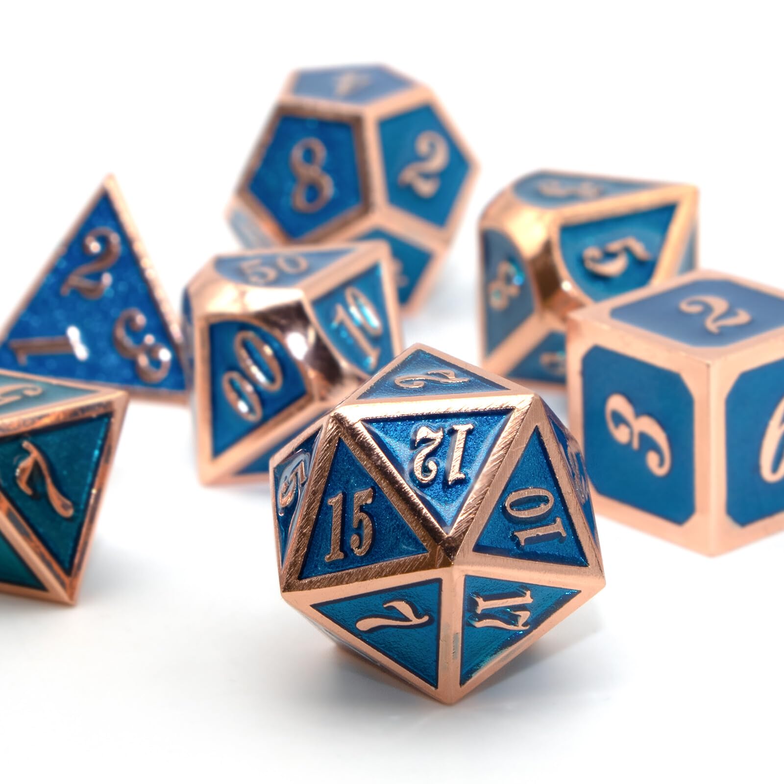 D and D Dice Metal, HNCCESG DND Dice Set Dungeons and Dragons Polyhedral Dice Set for Role Playing MTG RPG Tabletop Gaming Shadowrun Pathfinder Table Board Games D20 D12 D10 D8 D6 D4（Copper Blue）