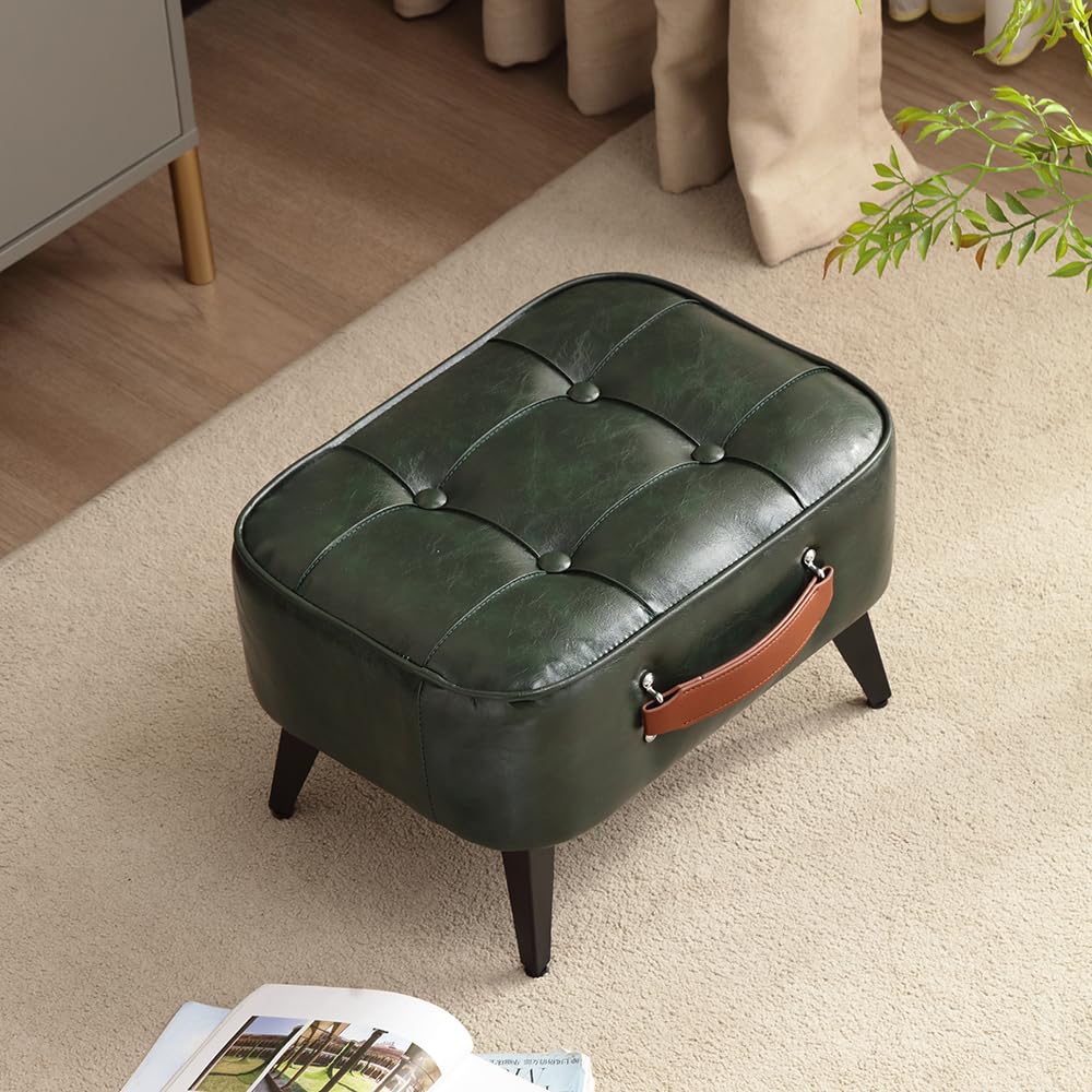 Photo 1 of 1pc Vintage Style Faux Leather Ottoman Footstool - Wooden Frame, Upholstered Interior, Multi-Use Footrest for Living Room, Entryway, Office (Green Black)