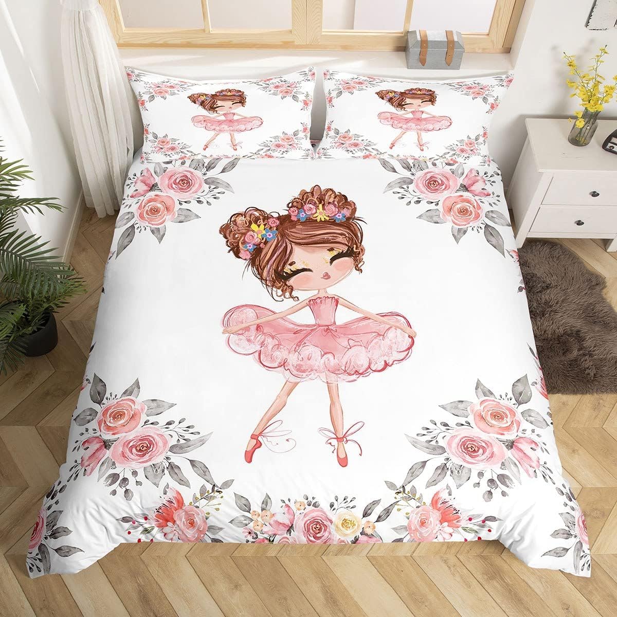Homewish Girls Ballet Bedding Set Single Size for Kids, Ballerina Duvet Cover Bedroom Decor Cute Little Dancer Comforter Cover Girly Rose Flowers Print Bedspread Cover, Pink White Gray, 1 Pillowcase