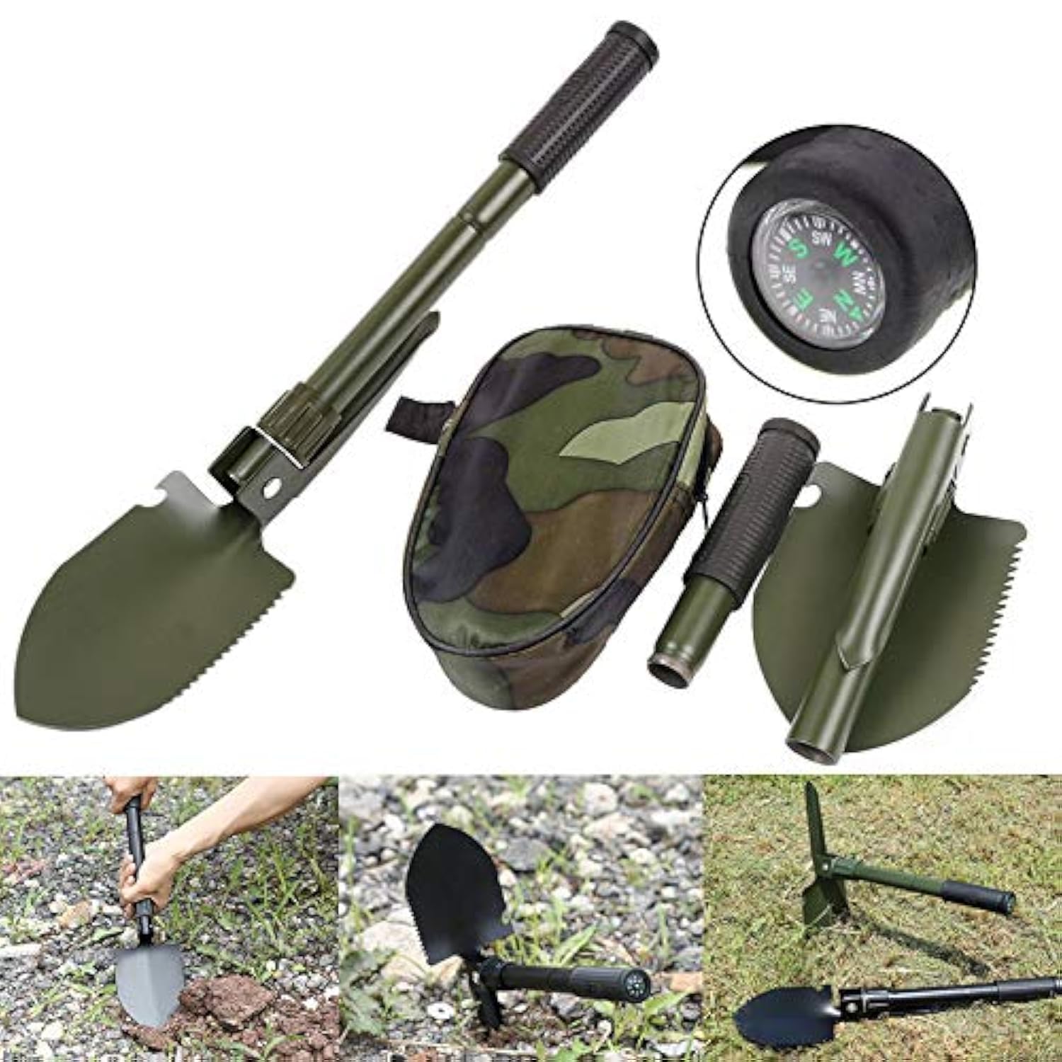 Hovico Military Portable Folding Shovel and Pickax, Small Compact Pickaxe with Carrying Pouch, Military Entrenching Survival Multitool for Camping, Hiking, Backpacking, Pouch Included - Green