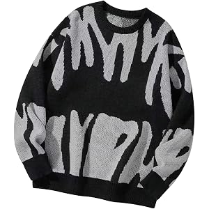 Teen Boys Color Block Abstract Print Knit Sweater, Crew Neck Oversized Casual Pullover for Everyday Wear