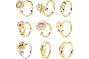 9pcs Open Fidget Rings, Stylish Adjustable & Rotatable Fidget Band Rings Spinner Rings with CZ Floral Bead Moon Designs Daint