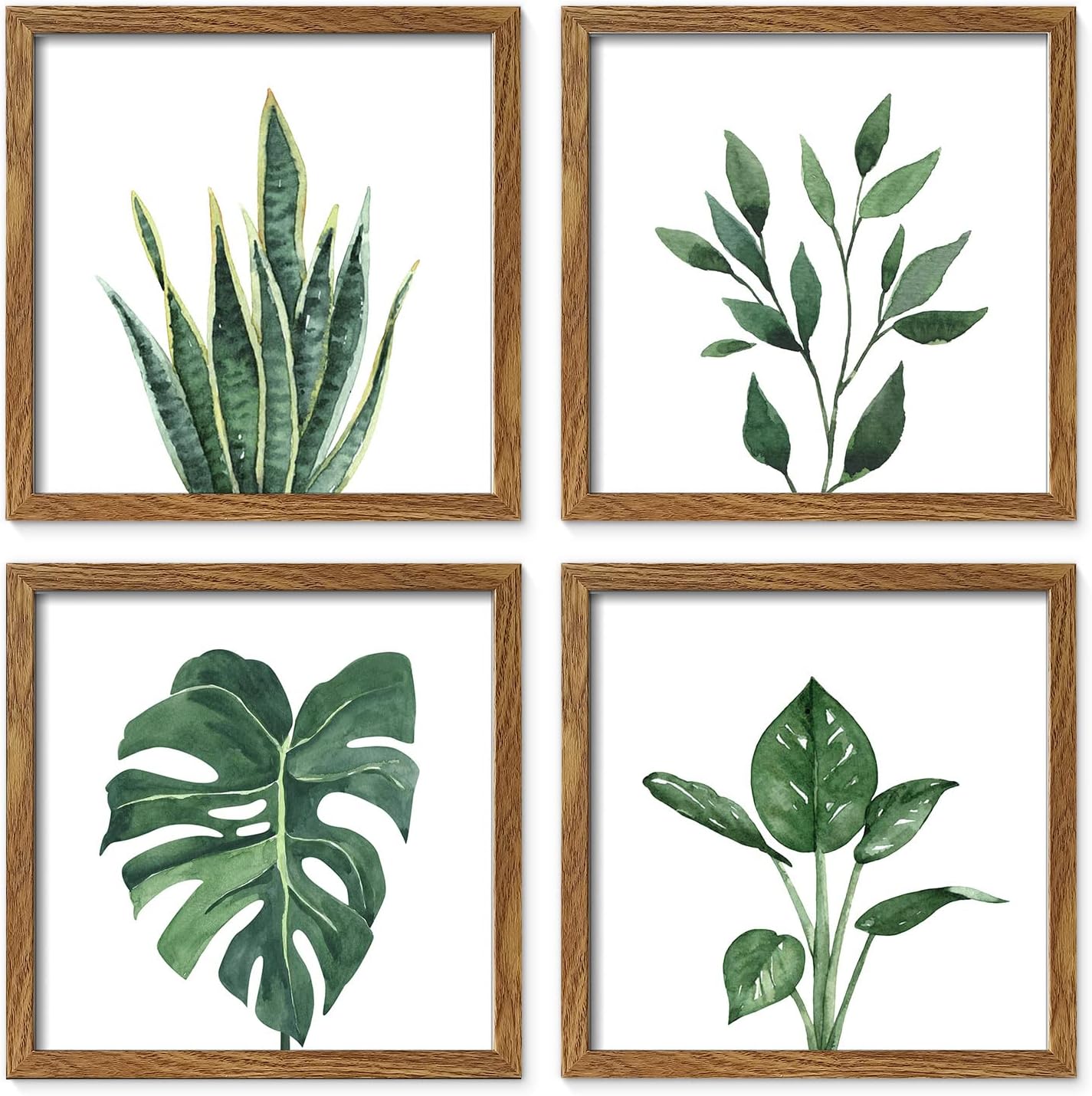 Wall Décor - ArtbyHannah 10x10 Inch 4 Panels Botanical Framed Walnut Picture Frame Collage Set for Wall Art Décor with Watercolor Green Leaf Tropical Plant Square Frame for Gallery Wall Kit or Home Decoration