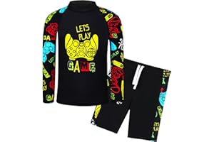 TFJH E Kids Boys UPF 50+ UV Swimwear Sun Protective Long Sleeve Two Piece Swimsuit