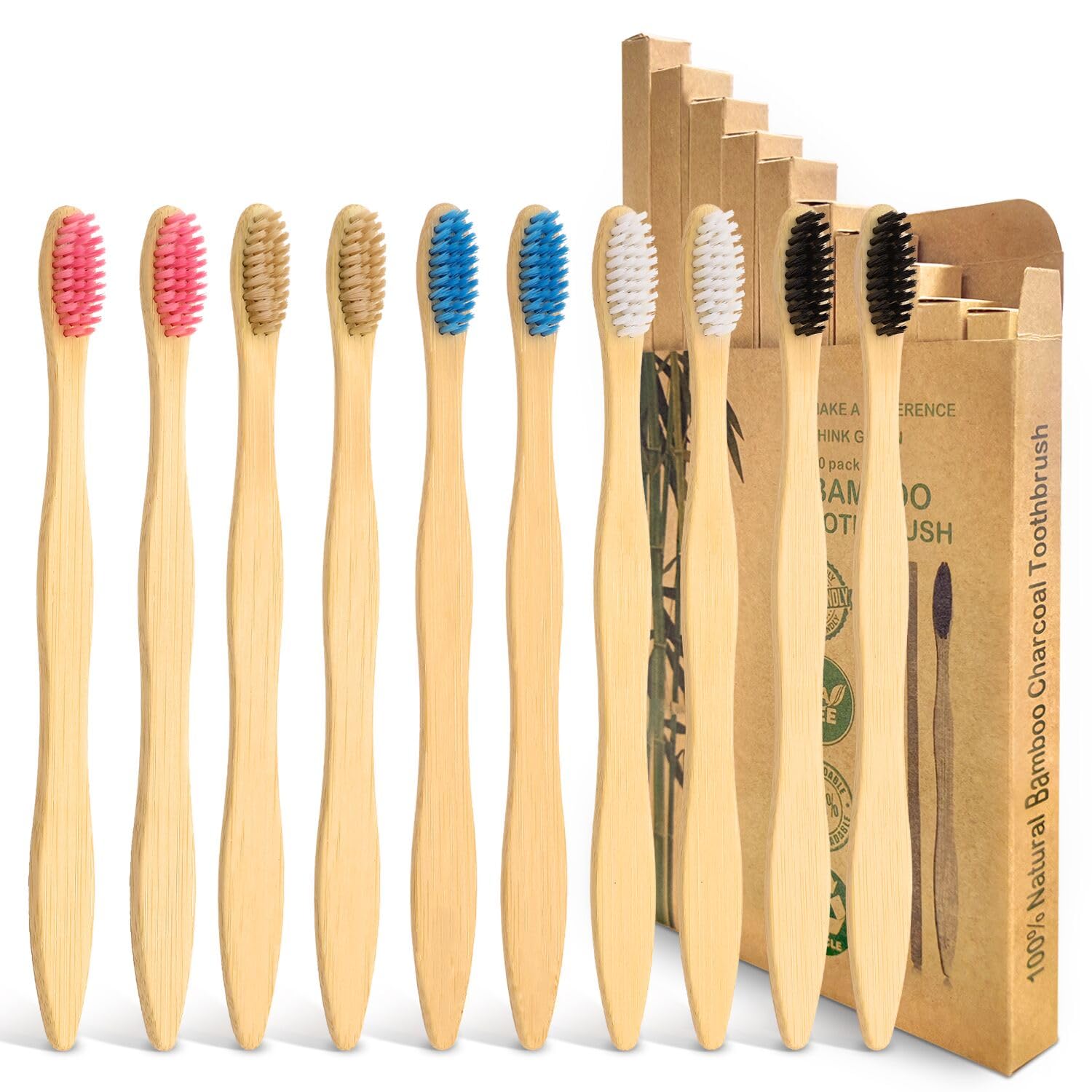 Bamboo Toothbrush Pack of 10 - Bamboo Toothbrush in 5 Colours - Soft Natural Bristles - Ecological Biodegradable Bamboo Toothbrush for Daily Use with Family