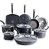 T-fal Ultimate Hard Anodized Nonstick Cookware Set 14 Piece, Oven Broiler Safe 400F, Lid Safe 350F, Kitchen Cooking Set w/Fry Pans, Saucepans, Griddle, Dutch Oven, Pots & Pans, Dishwasher Safe, Black