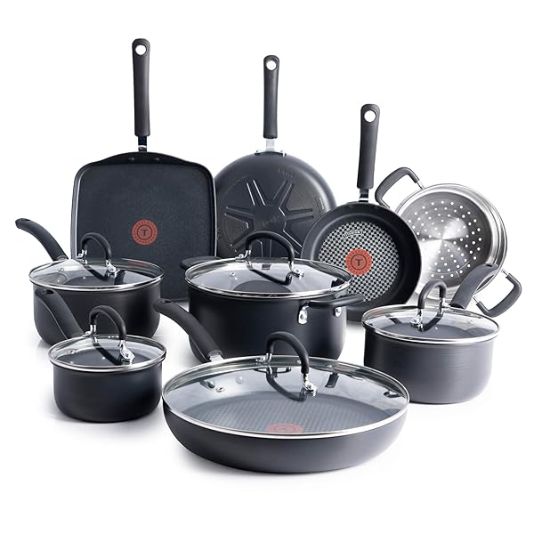 T-FAL ULTIMATE HARD ANODIZED NONSTICK POTS AND PANS SET 14 PIECE, OVEN BROILER SAFE 400F, KITCHEN COOKING SET W/FRY PANS, SAUCEPANS, GRIDDLE, DUTCH OVEN, DISHWASHER SAFE, COOKWARE, BLACK